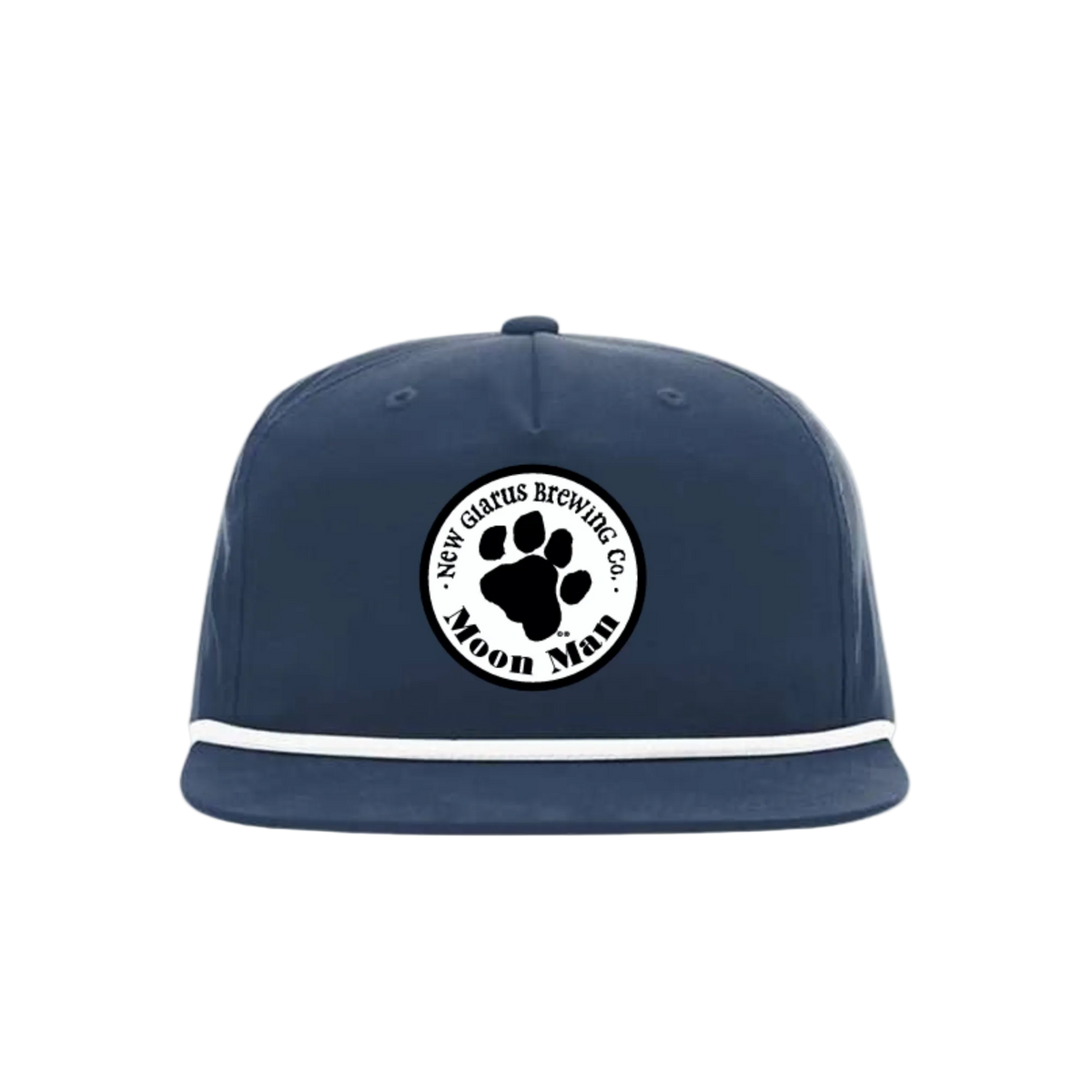 Navy blue flat-brim cap with a white rope accent and a circular Moon Man logo featuring a paw print on the front.