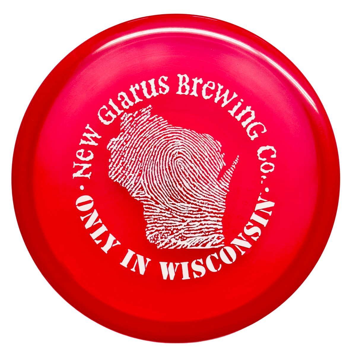 Pink golf disc with New Glarus Brewing Co. Only in Wisconsin logo in black on front.