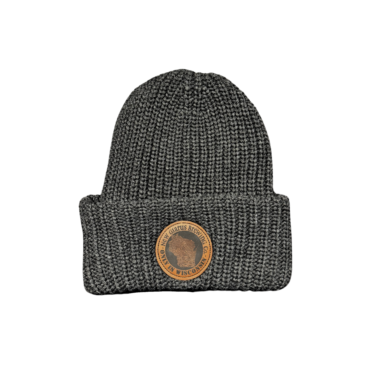 Gray knit hat with a circle leather patch with New Glarus Brewing Co, and Only in Wisconsin logo on front.