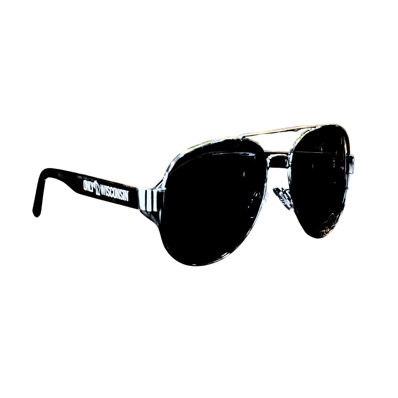 Aviator black framed sunglasses with Only in Wisconsin on one side and New Glarus Brewing Co. on the other both in white.