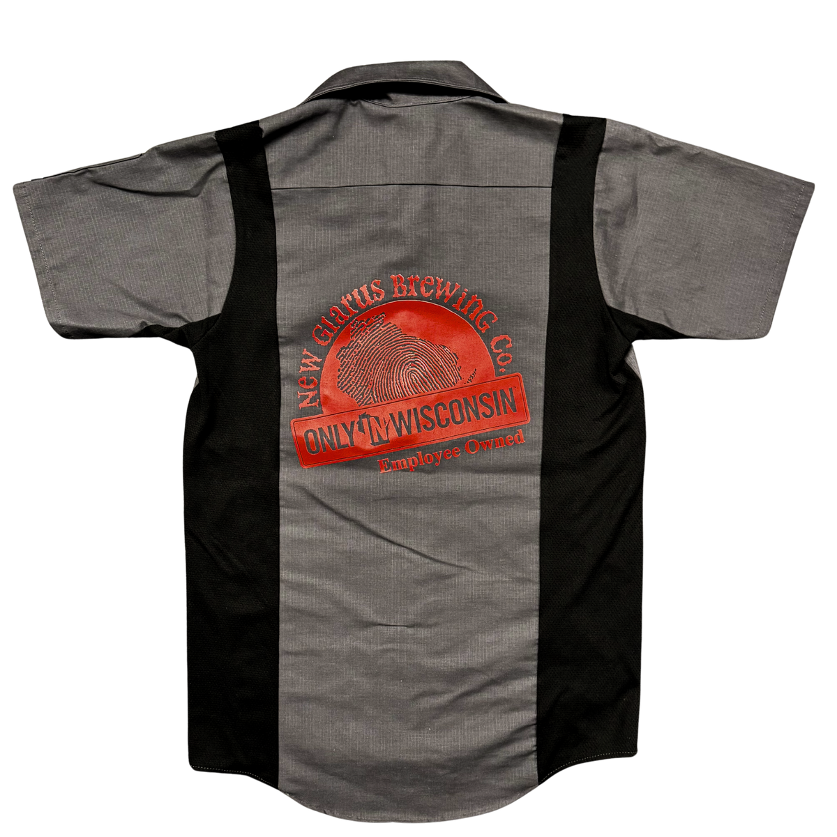 Red Kap gray work shirt with black  air ventilation on back, also New Glarus Brewing Co. &quot;Only in Wisconsin logo in red on center back.