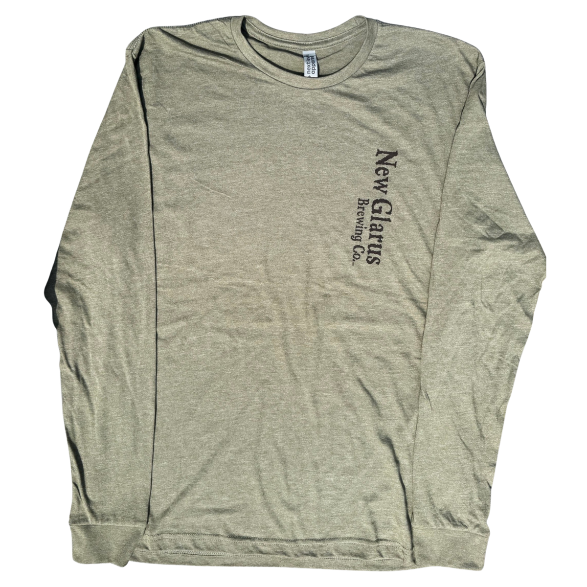 Long sleeve miliary green T, with New Glarus Brewing Co. logo on front left chest in deep neutral brown. 