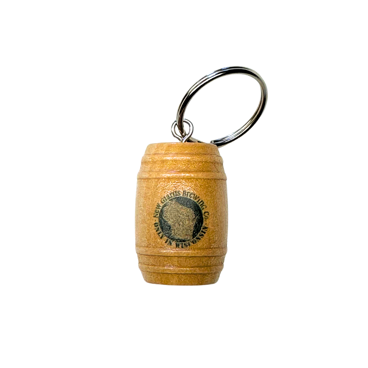 Wooden barrel keychain with New Glaru Brewing Co. Only in Wisconsin logo on front in green 