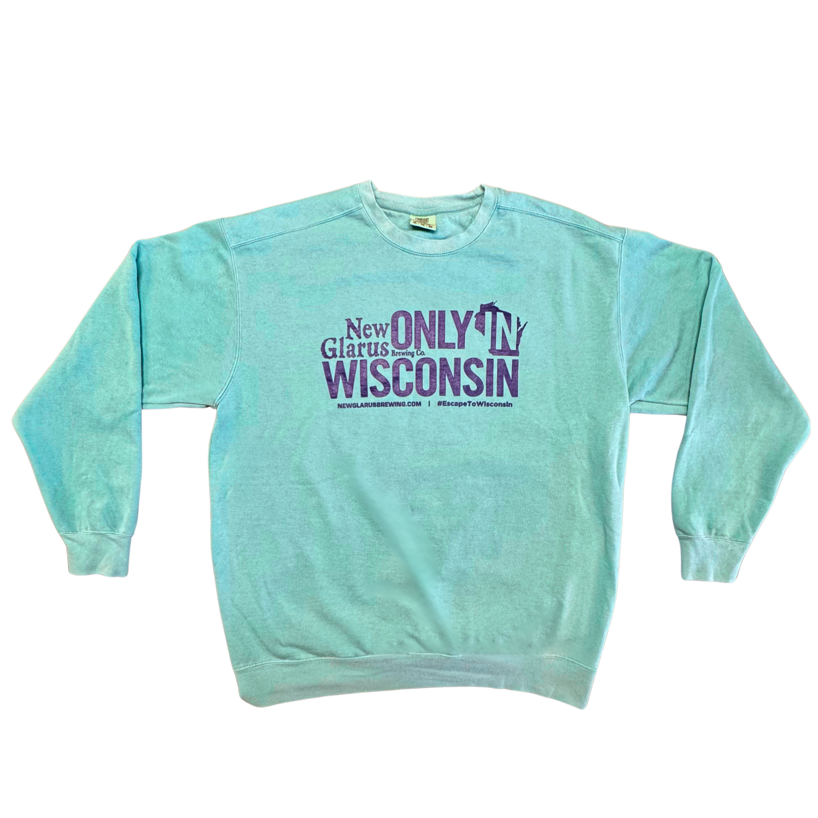 Comfort colors crewneck sweatshirt in seafoam, with New Glarus Brewing Co. only in Wisconsin on the front in Navy ink