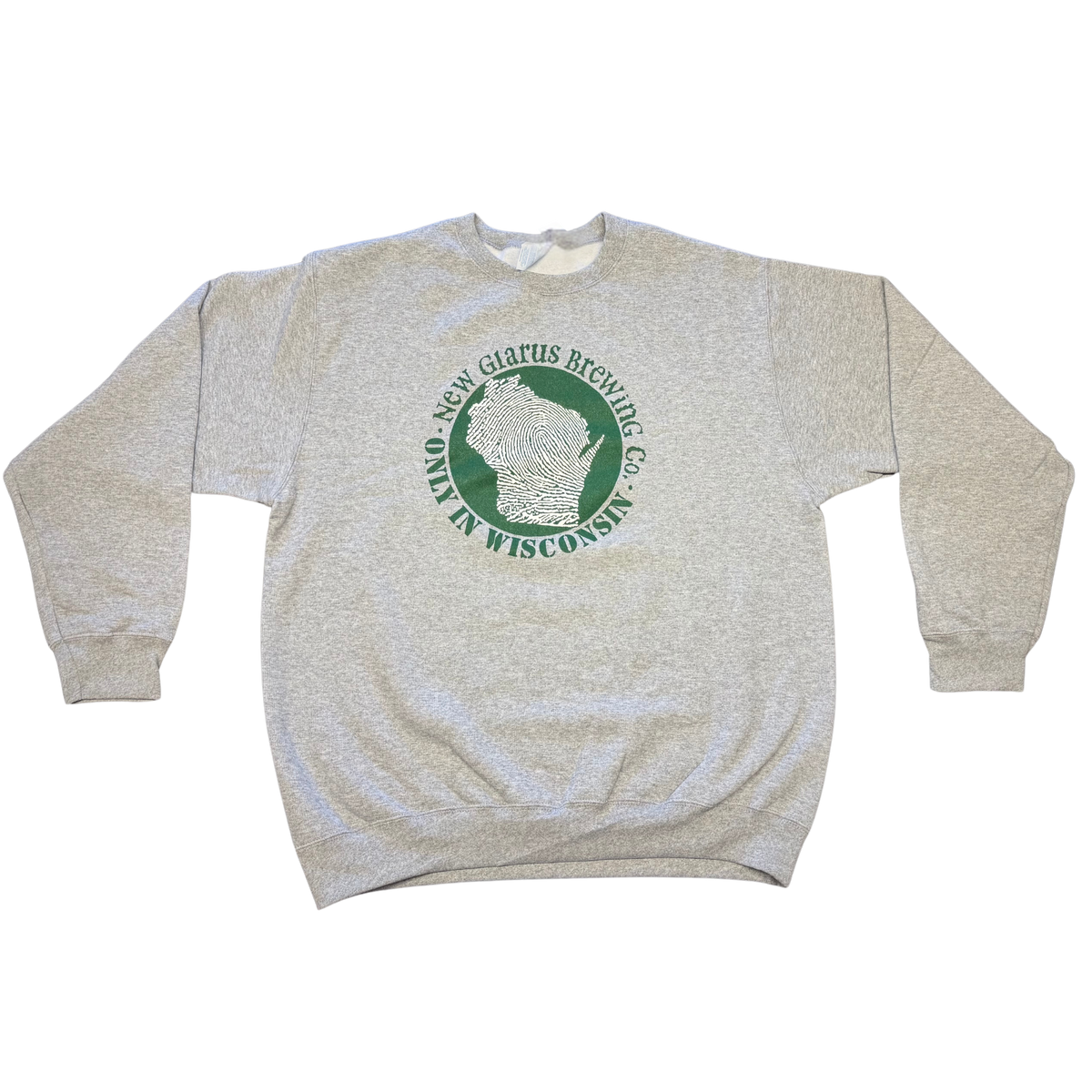 Athletic Gray crew neck sweatshirt with Green and White Only in Wisconsin Circle Logo on Front