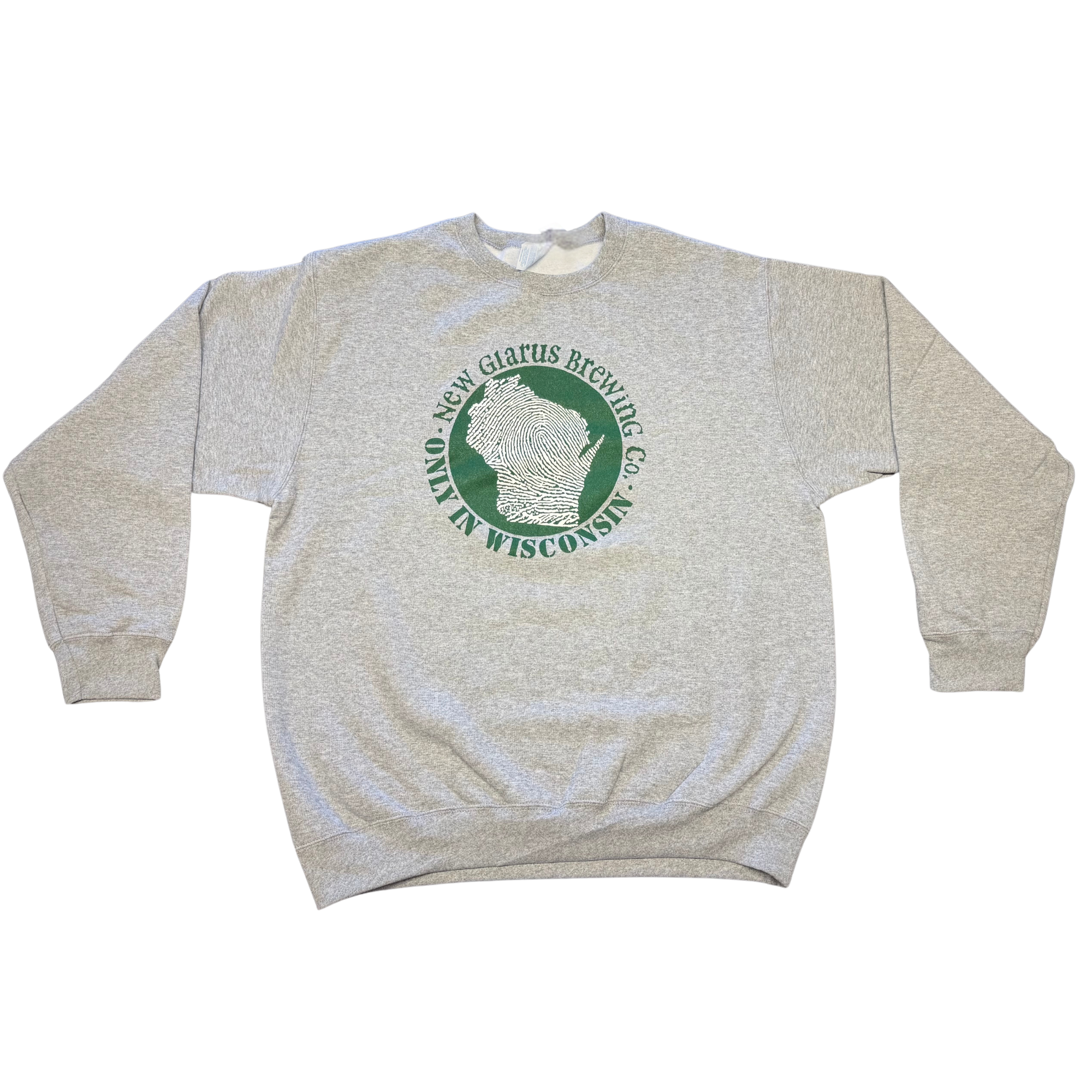 Athletic Gray crew neck sweatshirt with Green and White Only in Wisconsin Circle Logo on Front