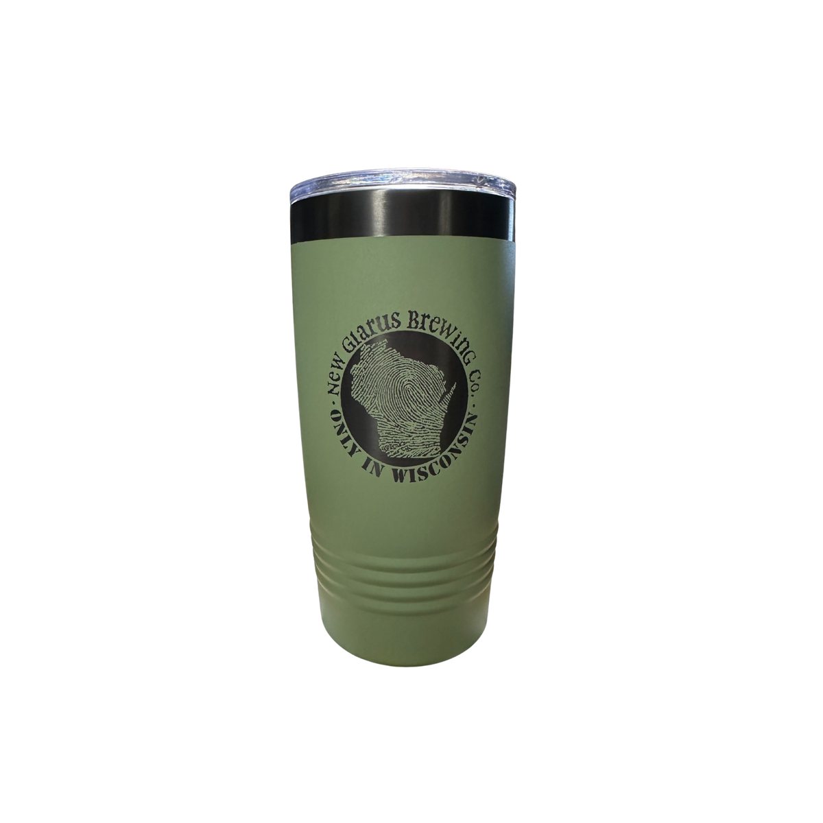 A matte olive-green stainless steel tumbler with a clear lid, featuring the New Glarus Brewing Co. logo and a fingerprint-style Wisconsin graphic with “Only in Wisconsin” in black.