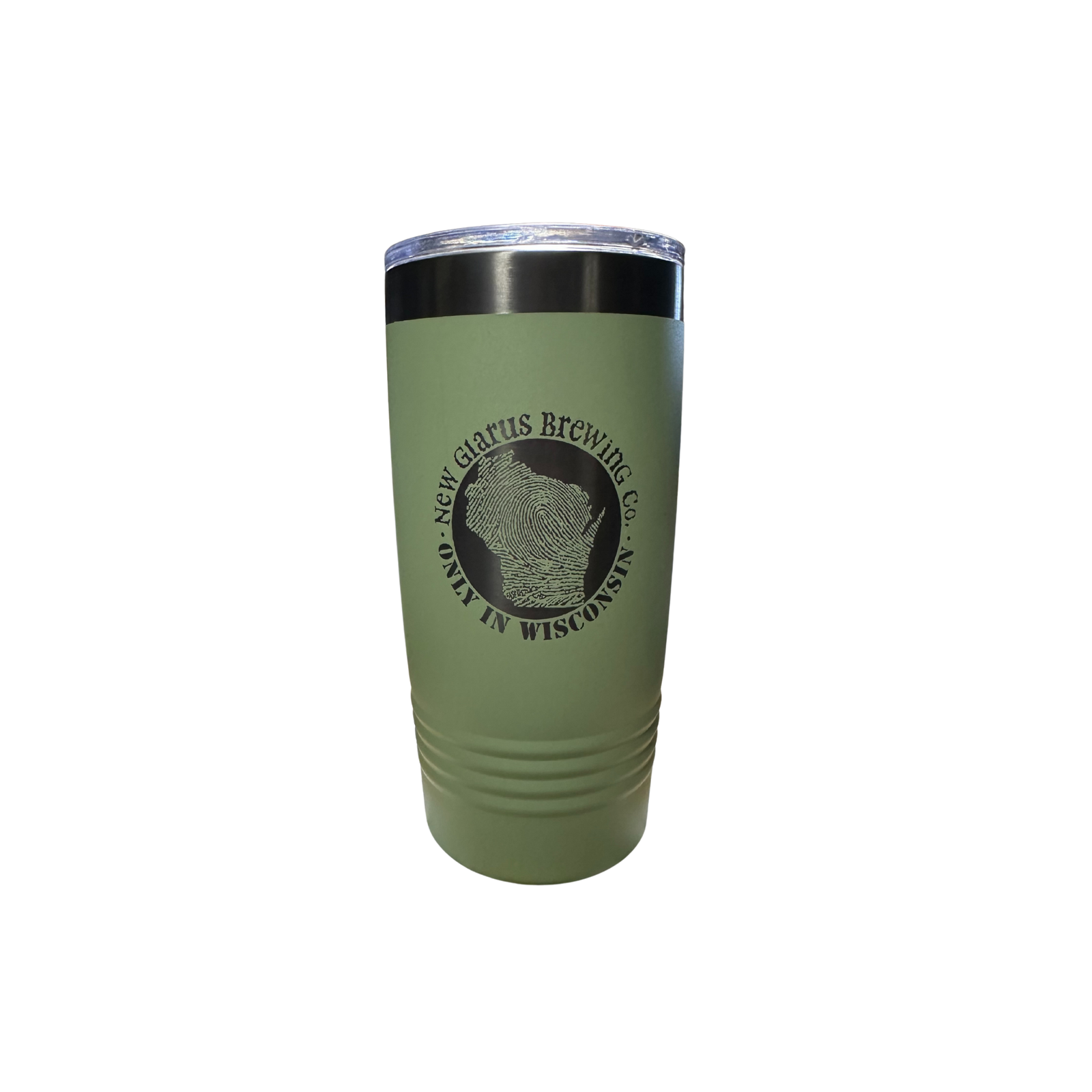 A matte olive-green stainless steel tumbler with a clear lid, featuring the New Glarus Brewing Co. logo and a fingerprint-style Wisconsin graphic with “Only in Wisconsin” in black.
