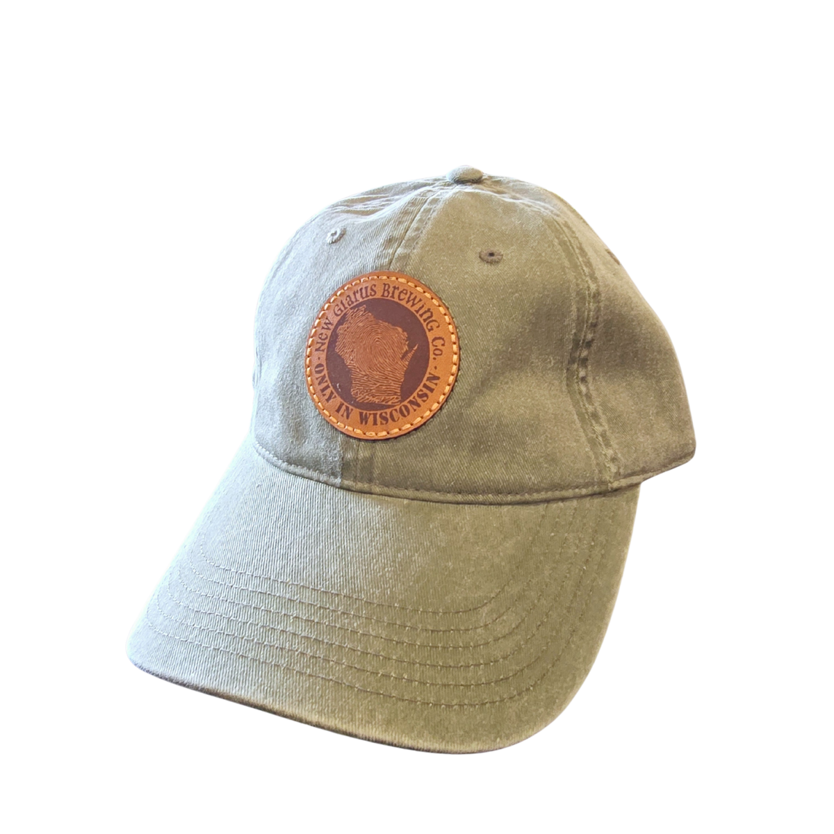 Olive green hat, with round leather patch on front, with New Glarus Brewing Co. and Only in Wisconsin logo.