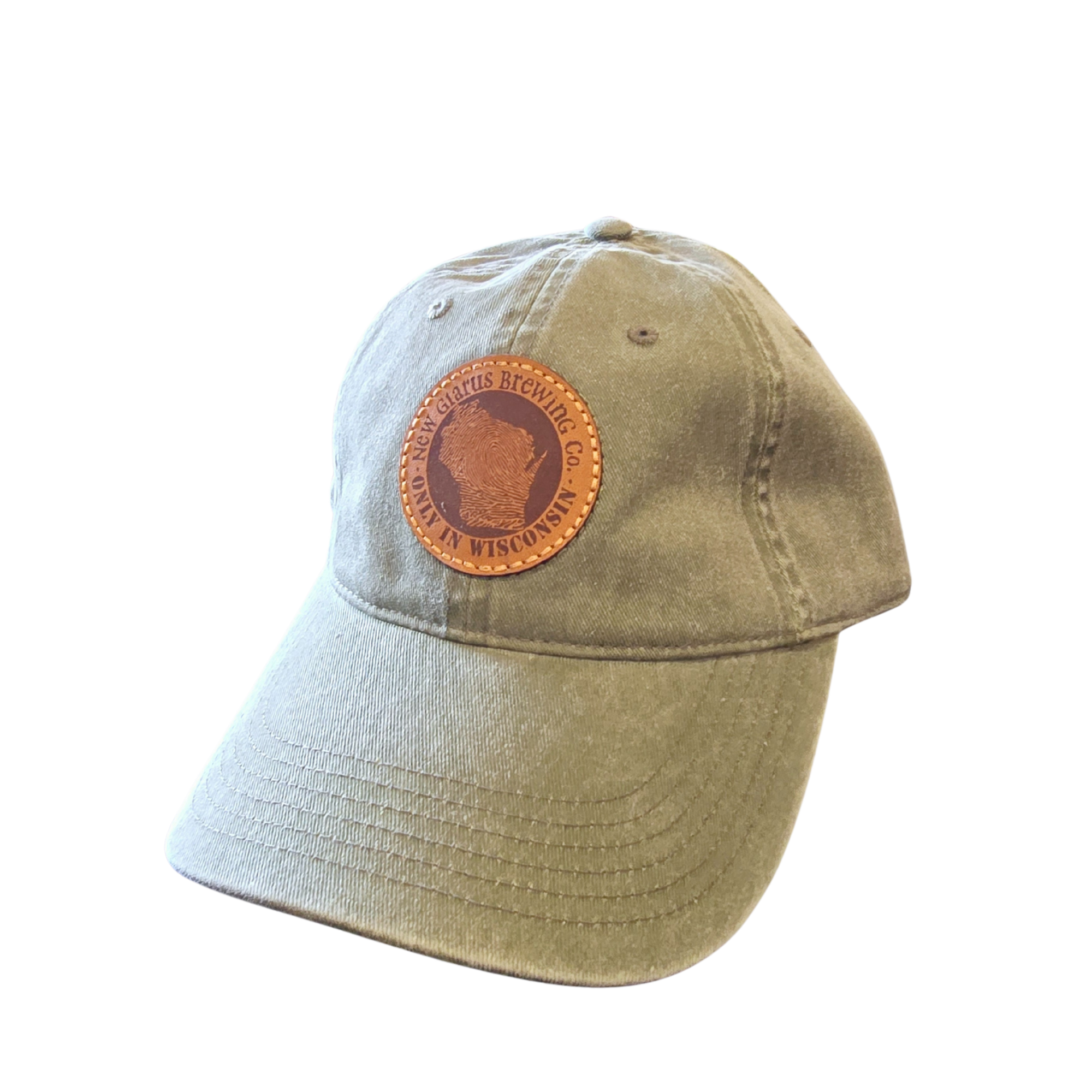 Olive green hat, with round leather patch on front, with New Glarus Brewing Co. and Only in Wisconsin logo.