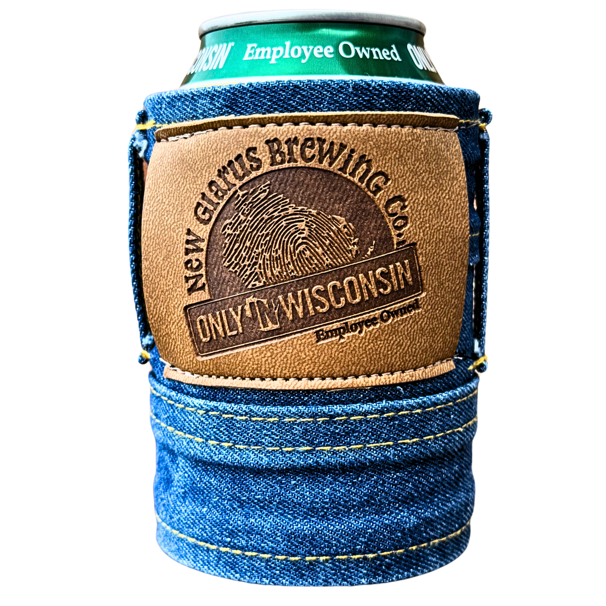 Blue jean koozie featuring New Glarus Brewing Co. Only in Wisconsin logo patch on front in tan 