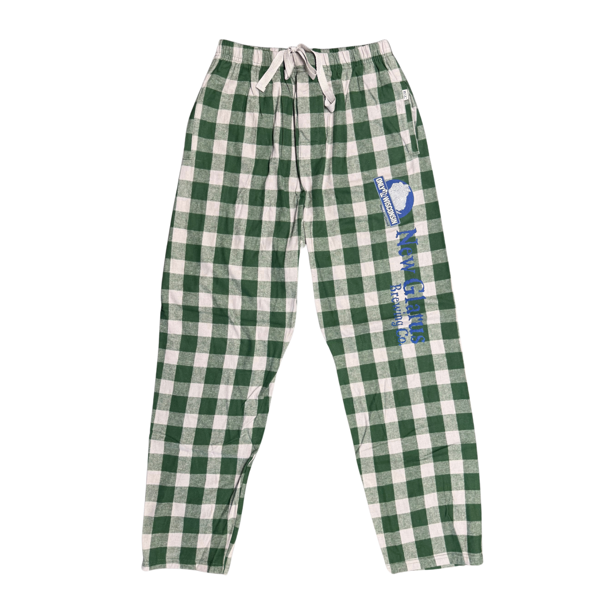 Boxercraft 100% Cotton flannel in the color green oxford buffalo plaid. With New Glarus Brewing Co. logo on left leg in navy. 