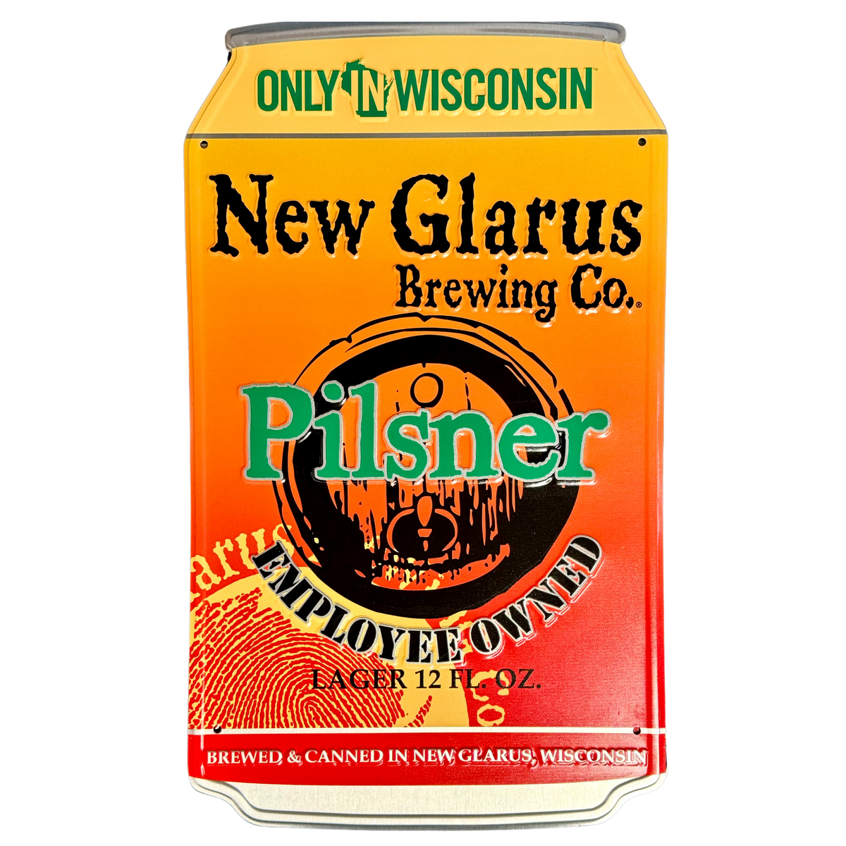 Can shaped tin taker with New Glarus Brewing Co. Pilsner logo