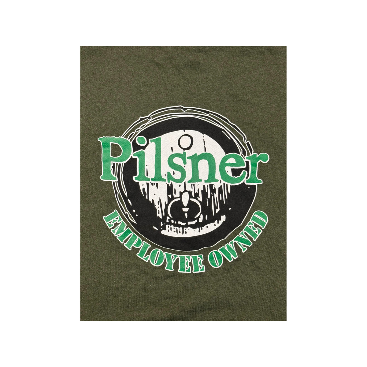 Olive green back of zip hoodie with our Pilsner logo with white, black and Kelly green ink.
