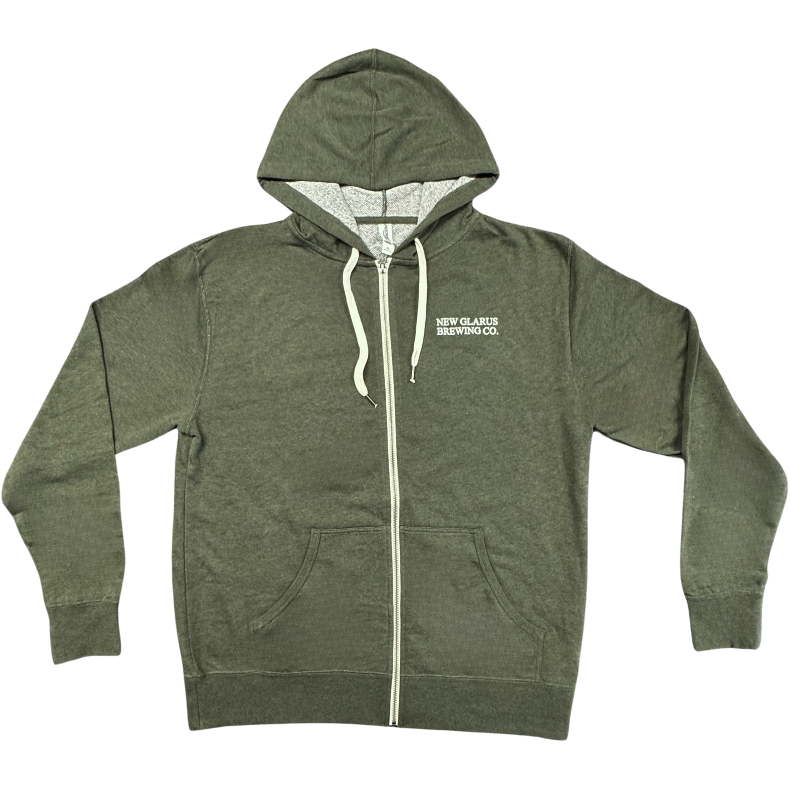Olive green zip hoodie with New Glarus Brewing Co. on left chest in white
