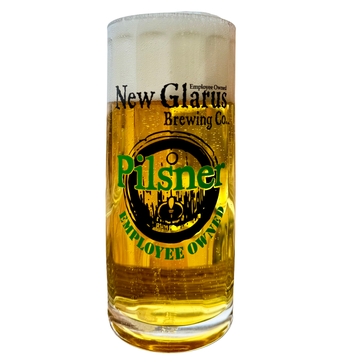 17oz Moldau Tankard glass with New Glarus Brewing Co. Pilsner logo on the front.