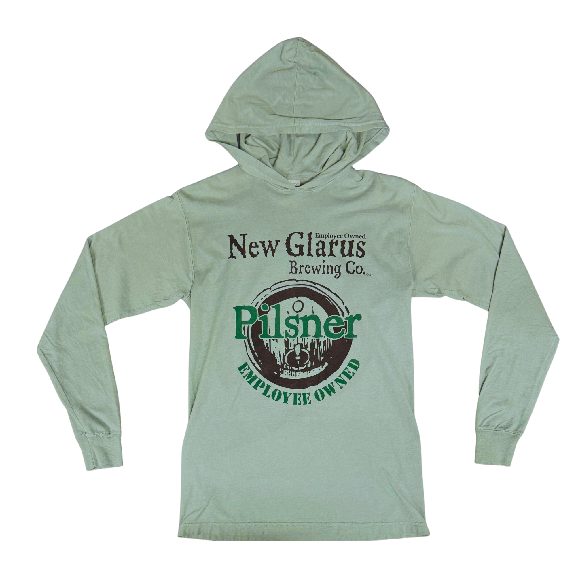 Green long sleeved hooded t-shirt, with New Glarus Brewing Co. Pilsner logo on front in black and green