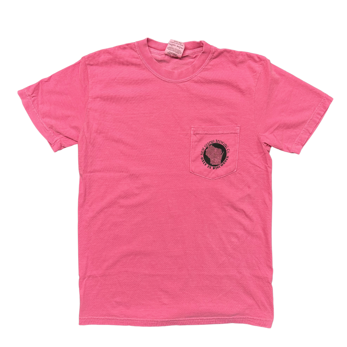 Comfort Colors 100% cotton pink t-shirt, with pocket on front left chest with round &quot;Only in Wisconsin&quot; logo on front pocket.