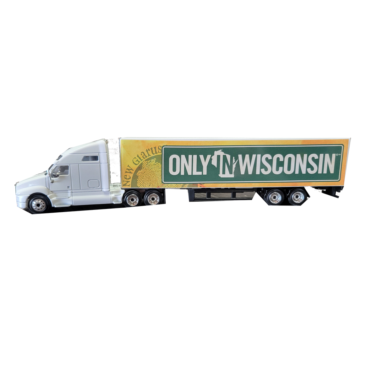 Die Cast Metal semi hauler in white and yellow with New Glarus Brewing Co. Only in Wisconsin logo in green and white on trailer.