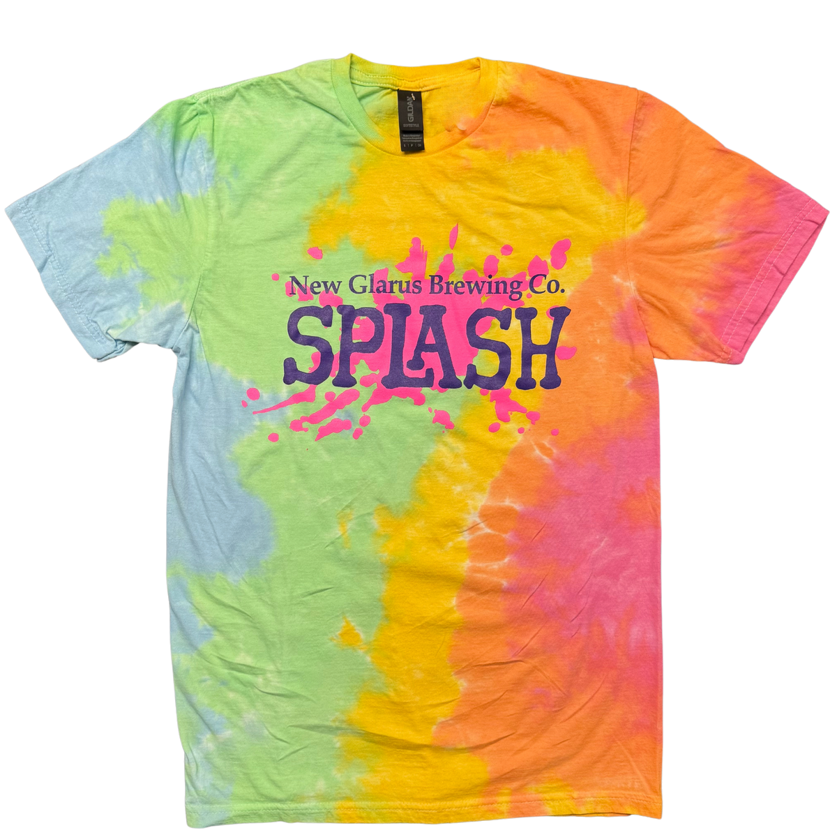 Tie-dye soft style T-shirt with colors, blue, green, orange and pink. With New Glarus Brewing Co. Splash logo on front in purple.