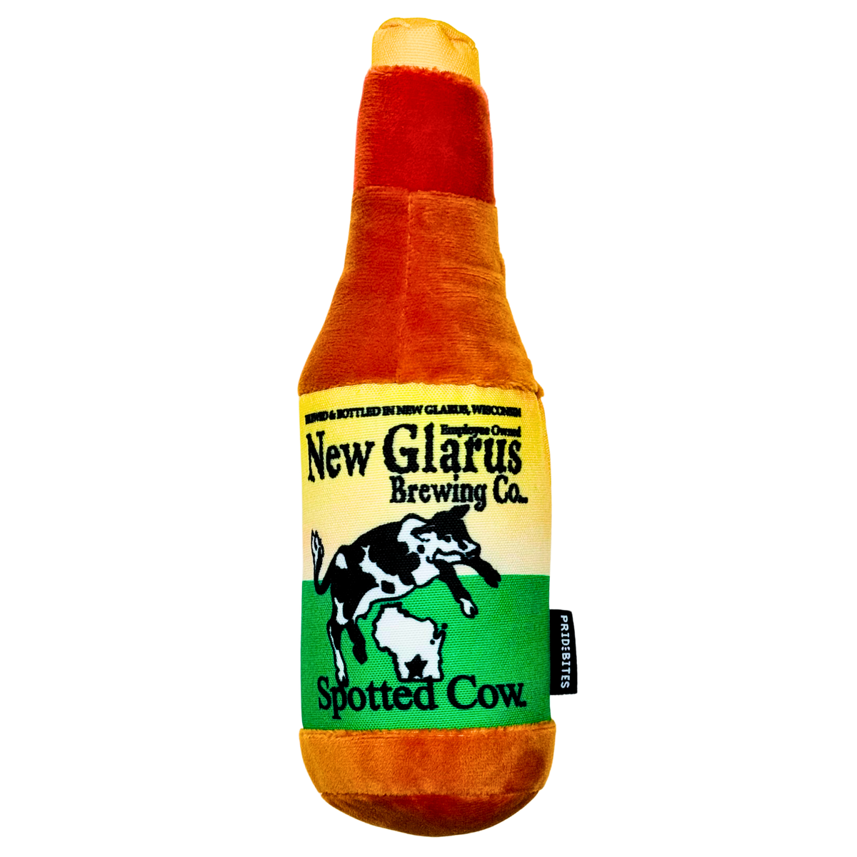 Bottle shaped squeaky dog toy, with New Glarus Brewing Co. Spotted Cow logo.