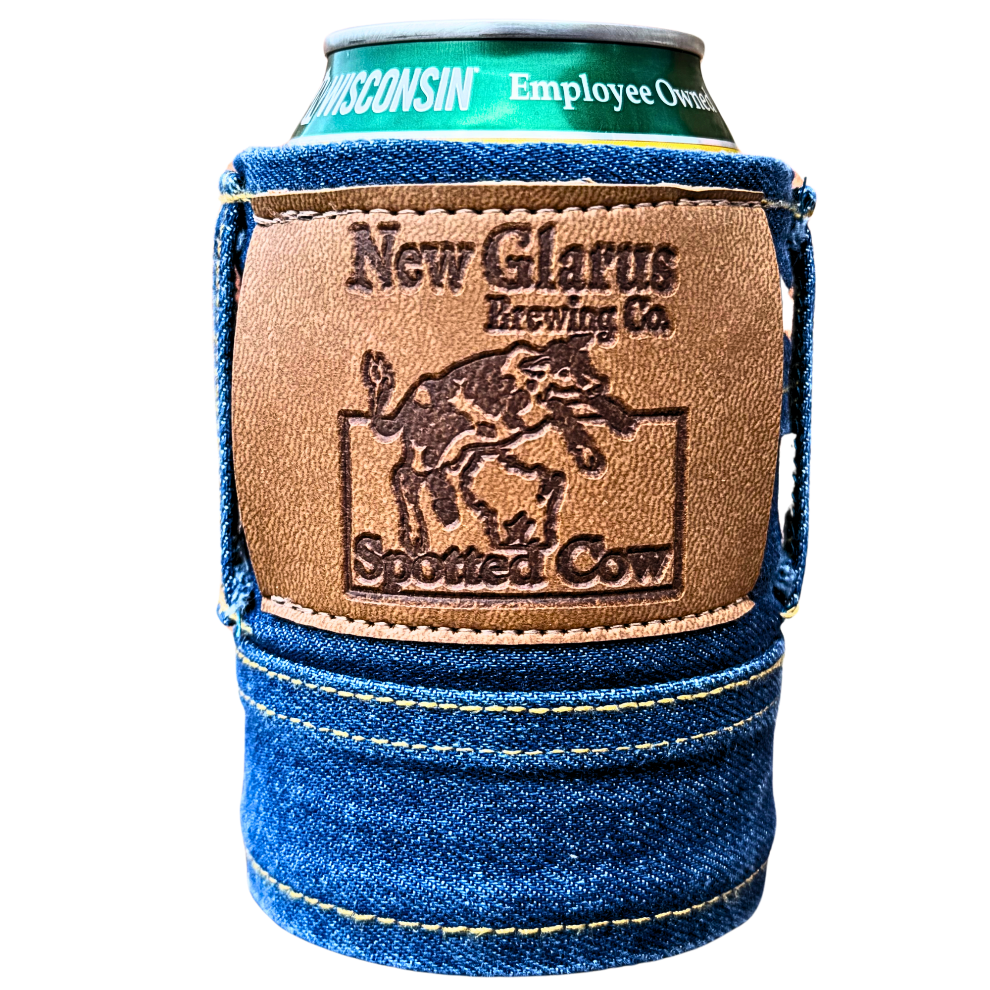 Blue jean koozie featuring New Glarus Brewing Co. Spotted Cow logo patch on front in tan 