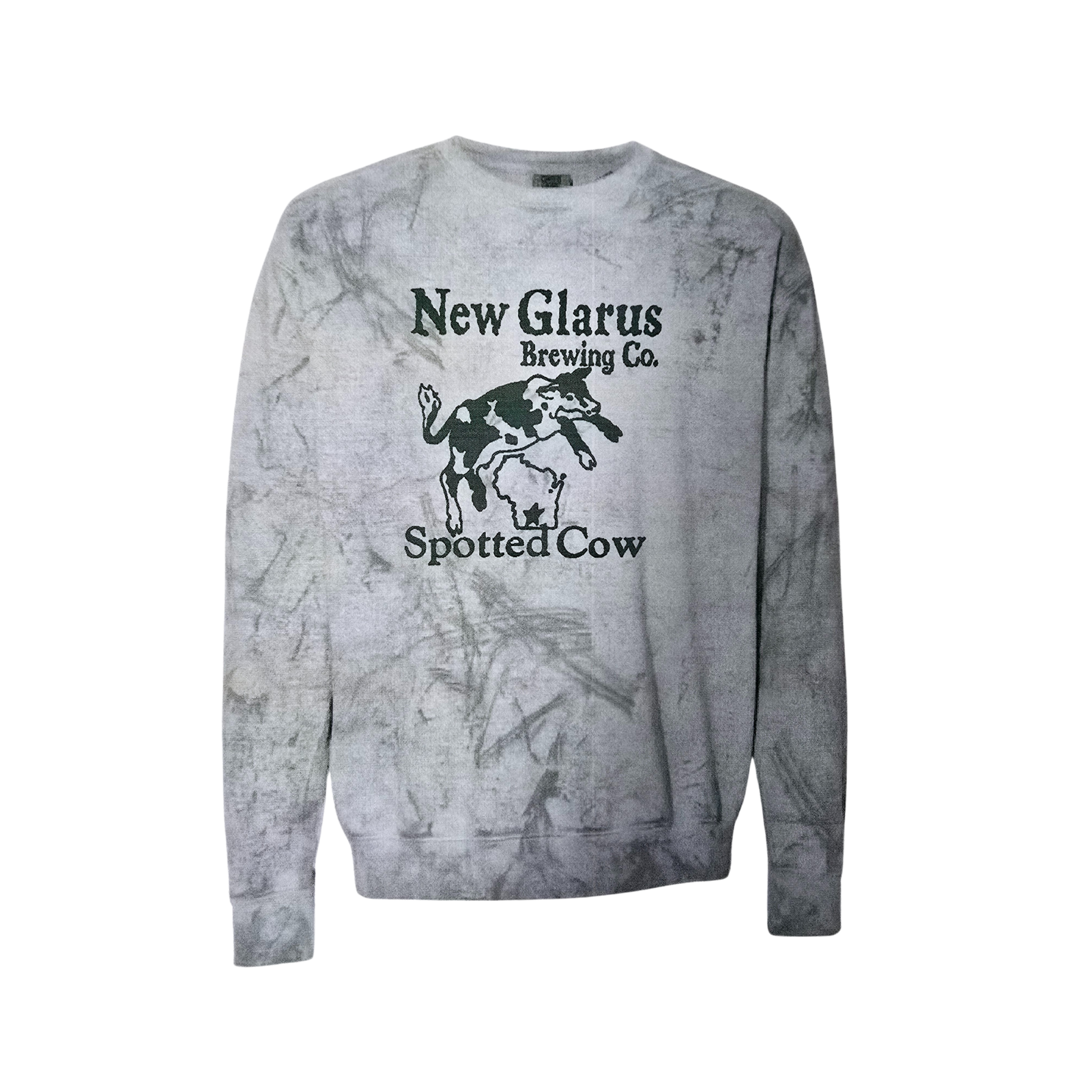 Fern color crew neck with our Spotted Cow logo on the front in Forest green