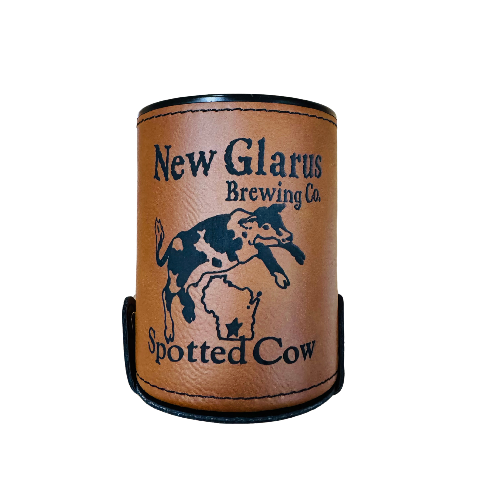Brown leather dice cup with our Spotted Cow logo stitched on front in black, dice holder on bottom Dice included.