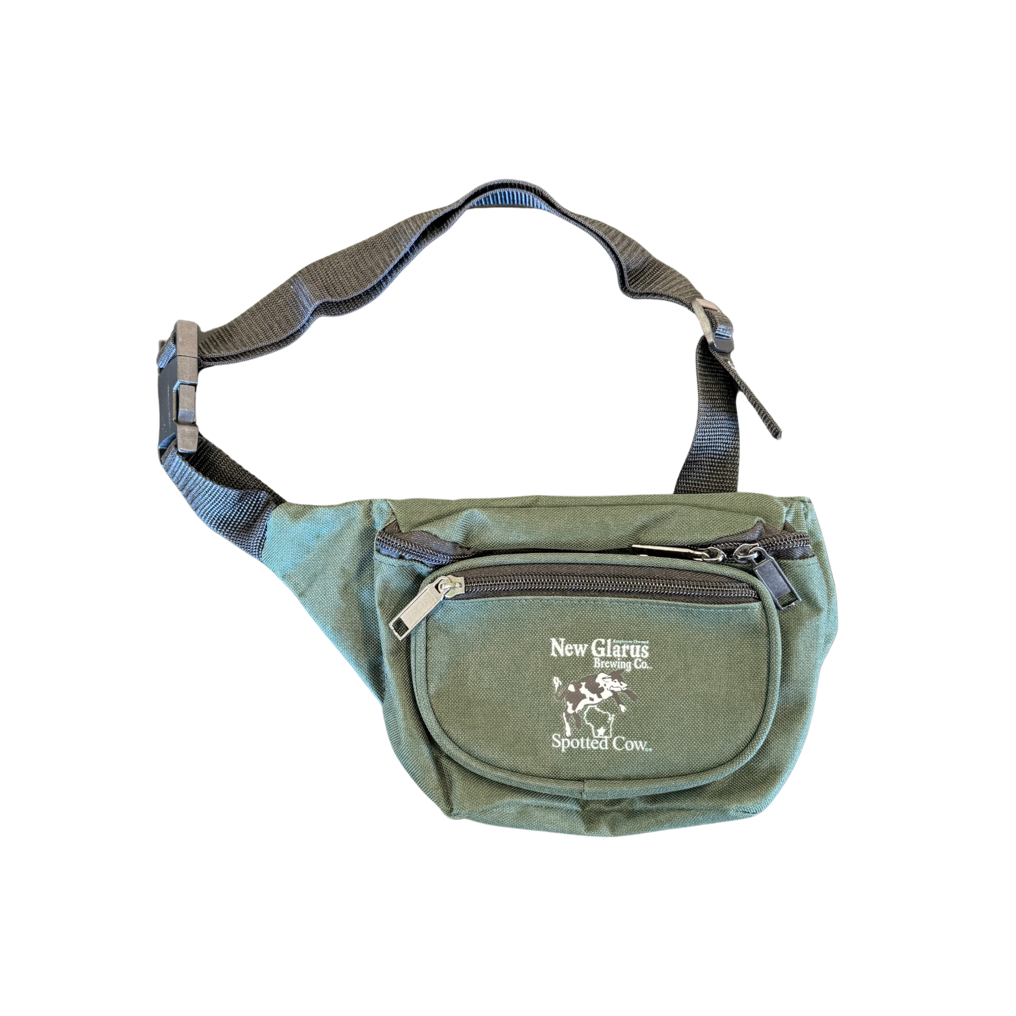 Green fanny pack, with adjustable straps featuring two pockets. New Glarus Brewing Co. Spotted Cow logo on front.