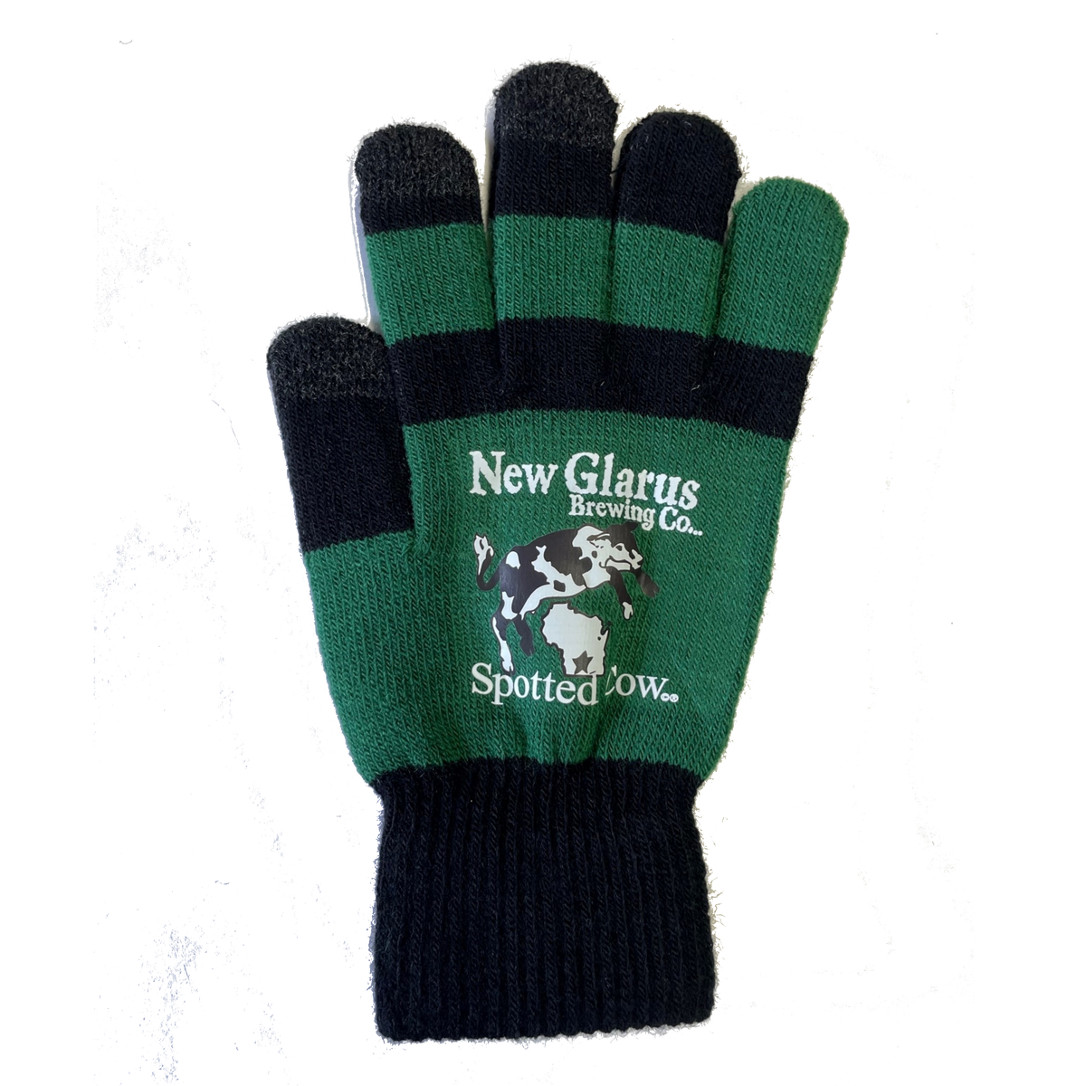 Dark green and black gloves with the Spotted Cow logo in black and white on the back.