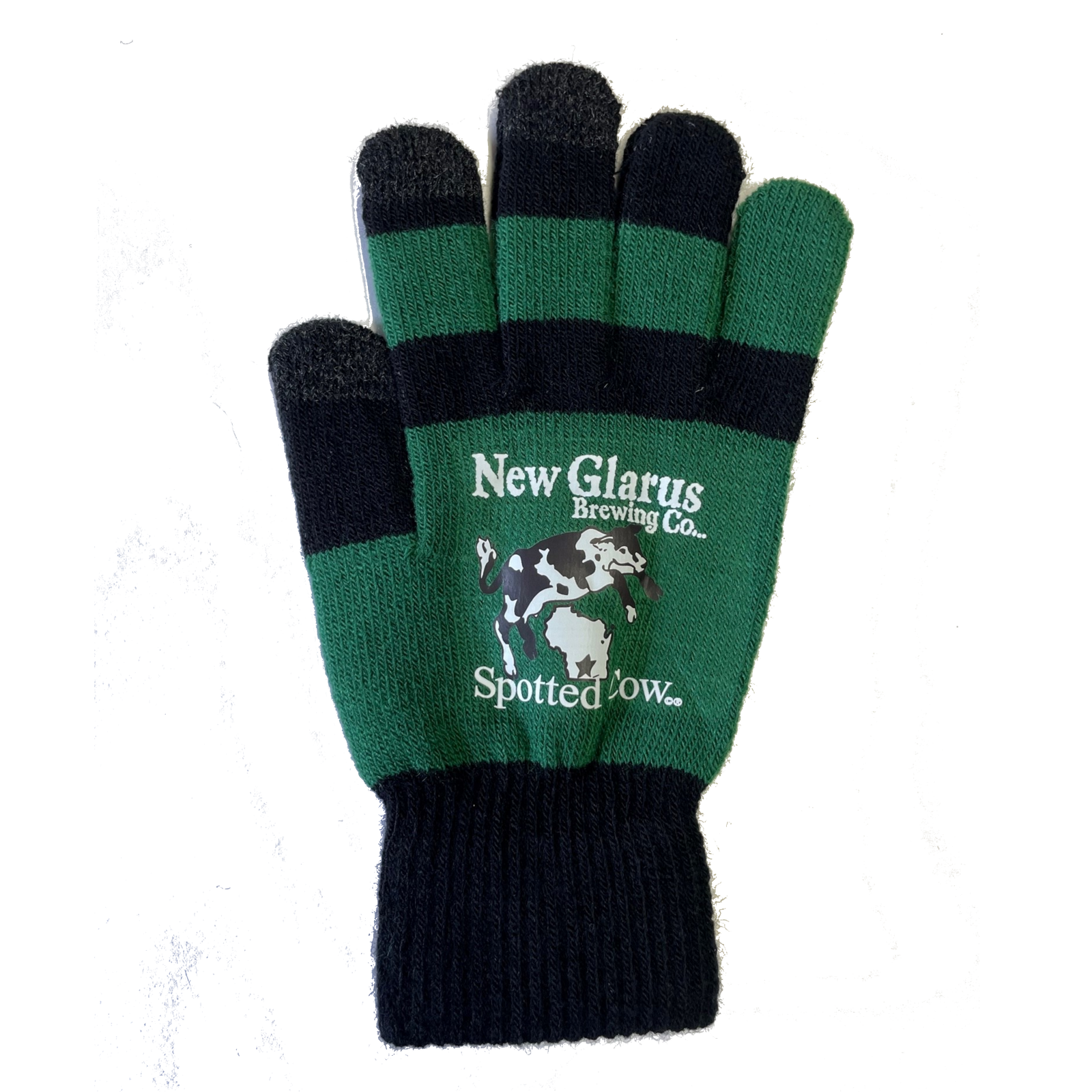 Dark green and black gloves with the Spotted Cow logo in black and white on the back.