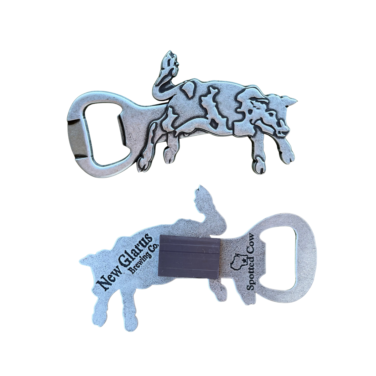 Metal cast bottle opener magnet shaped like a Spotted Cow, shown front and back, with New Glarus Brewing Co. and Spotted Cow branding in silver-tone metal.