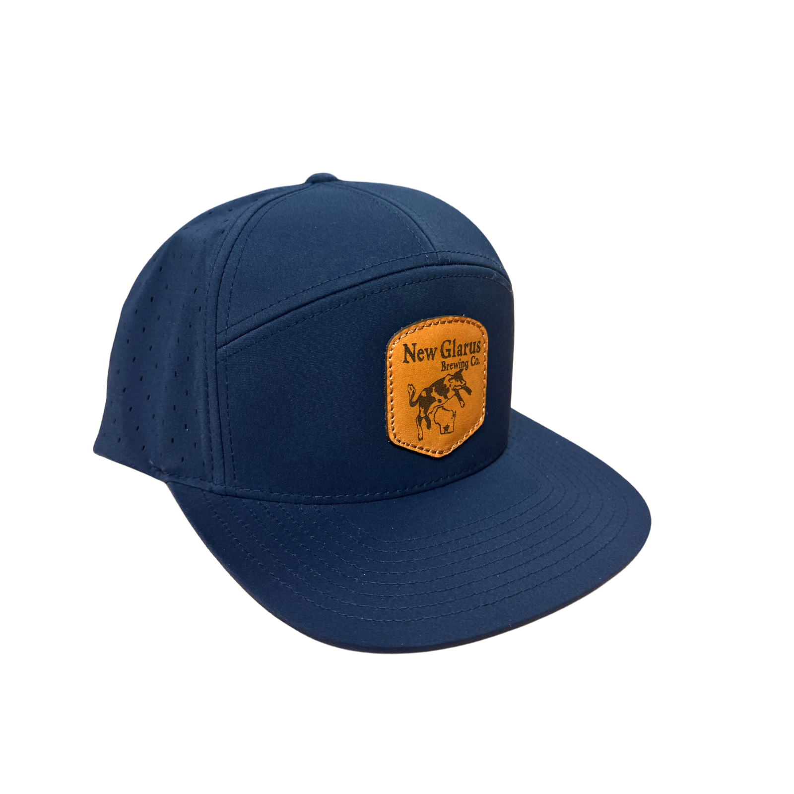 Navy 7 panel trucker hat with  Spotted Cow leather patch on the front
