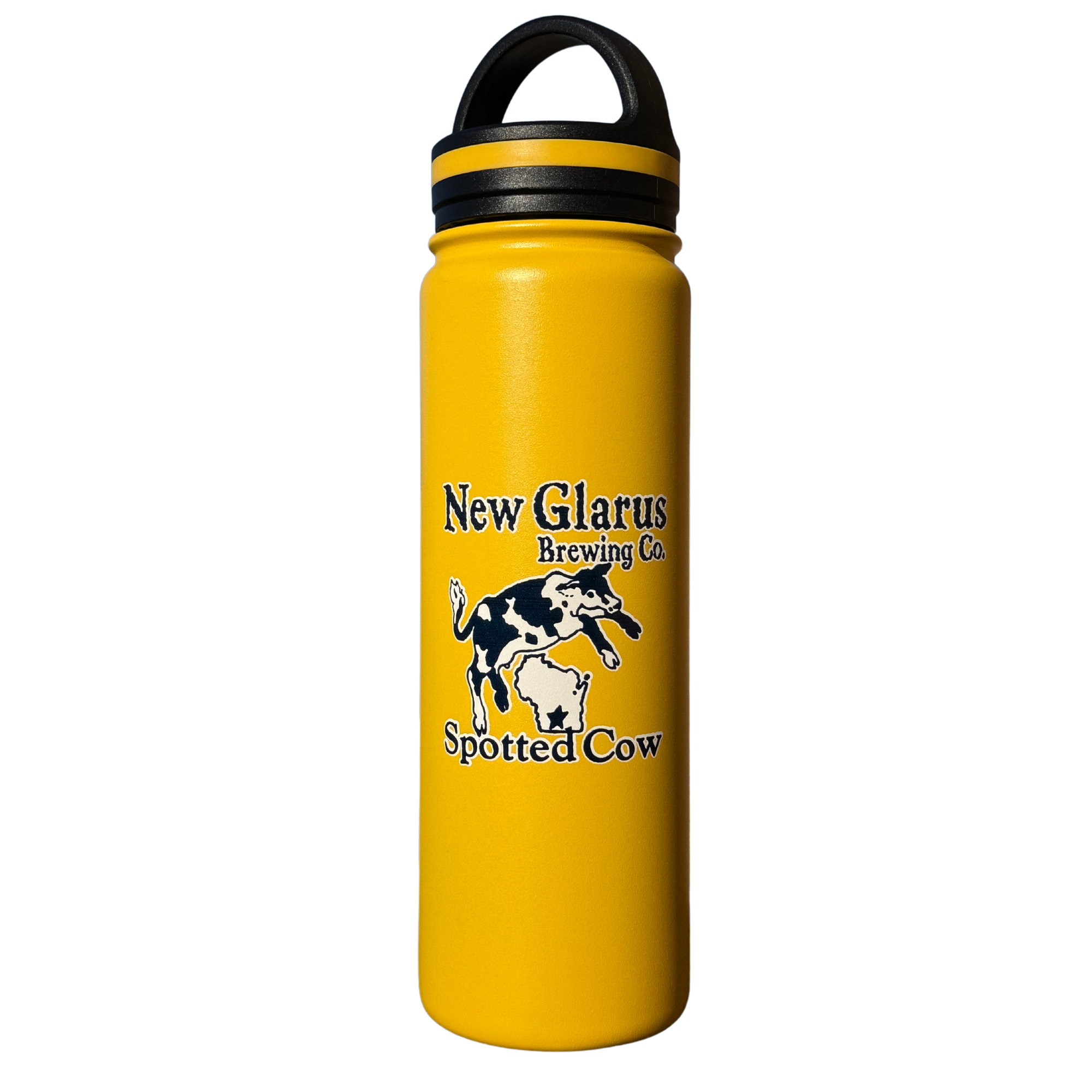 24oz. vacuumed sealed yellow water bottle with the New Glarus Brewing Co. Spotted Cow logo on front in Navy Blue and White