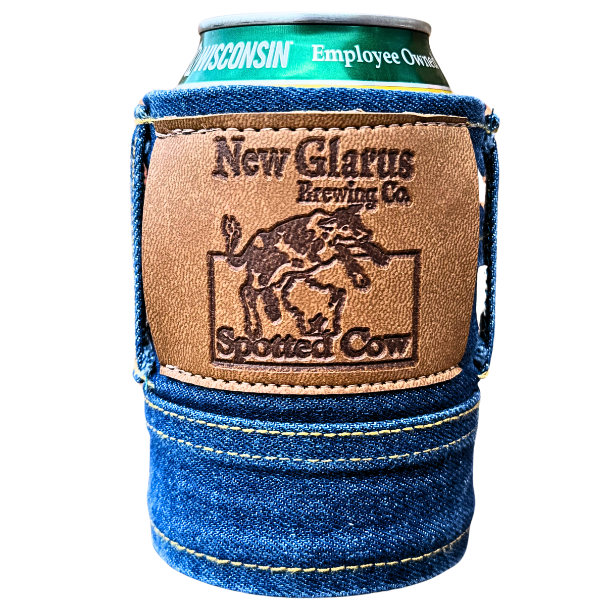 Blue jean koozie featuring New Glarus Brewing Co. Spotted Cow logo patch on front in tan 