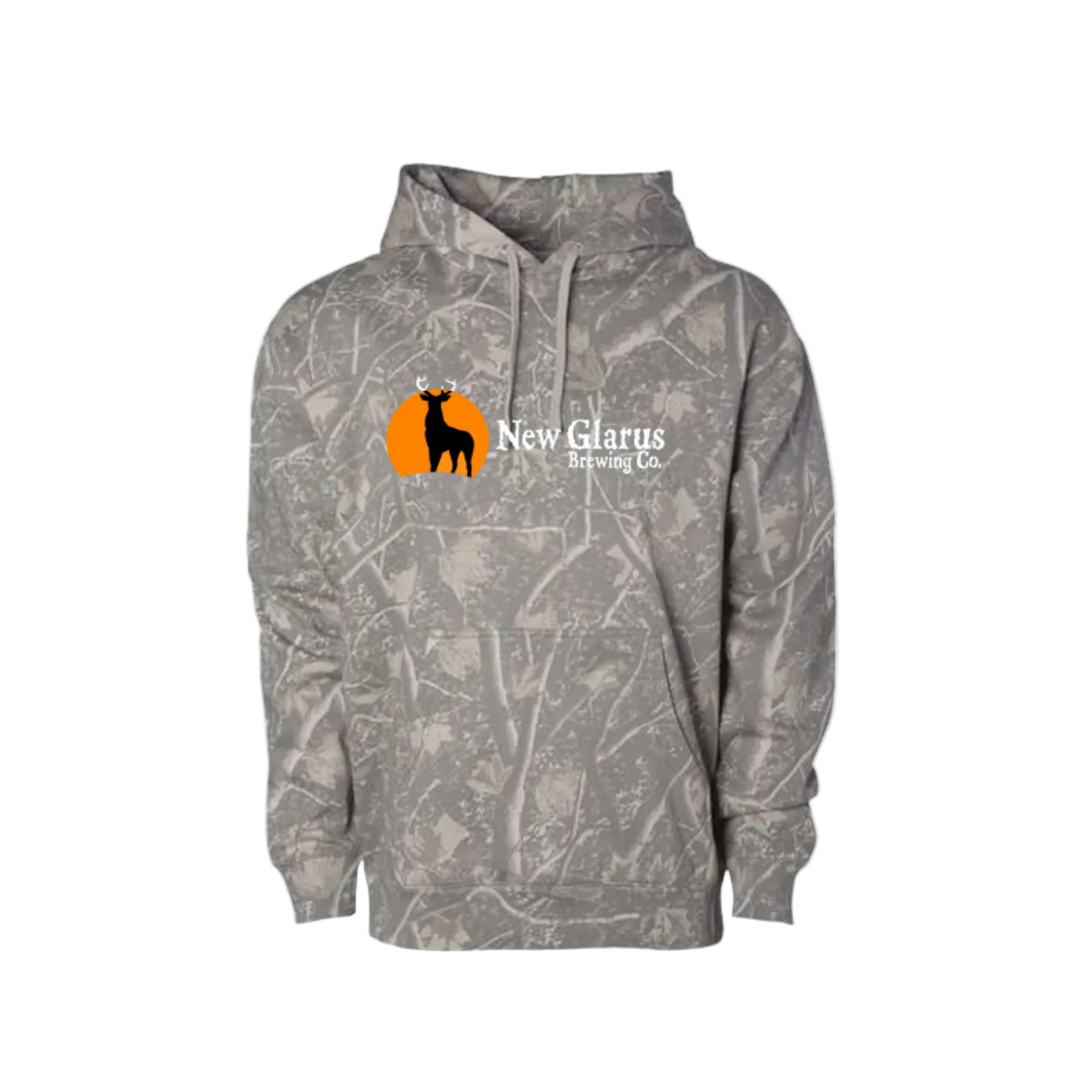 Gray camouflage pullover hoodie featuring a deer silhouette logo with an orange sun and New Glarus Brewing Co. text on the chest.