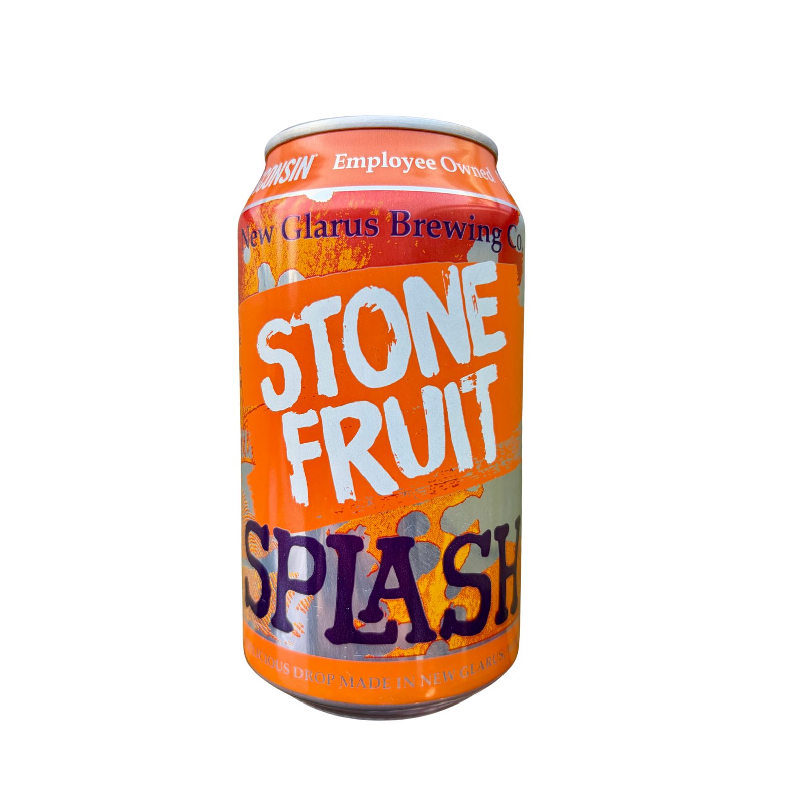 Can of Stone Fruit Splash beer by New Glarus Brewing Co. on a white background