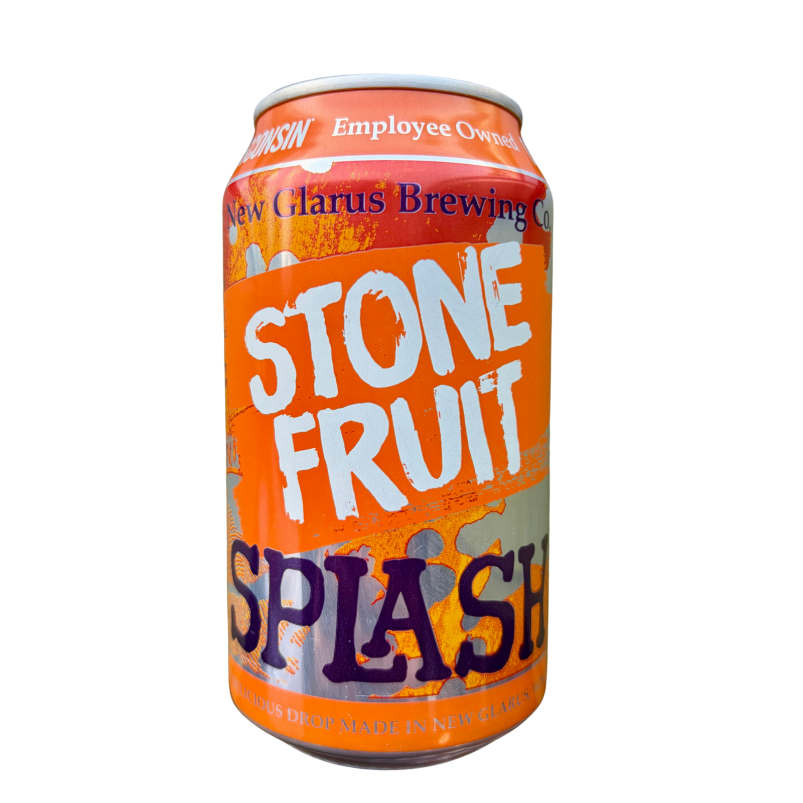Can of Stone Fruit Splash beer by New Glarus Brewing Co. on a white background