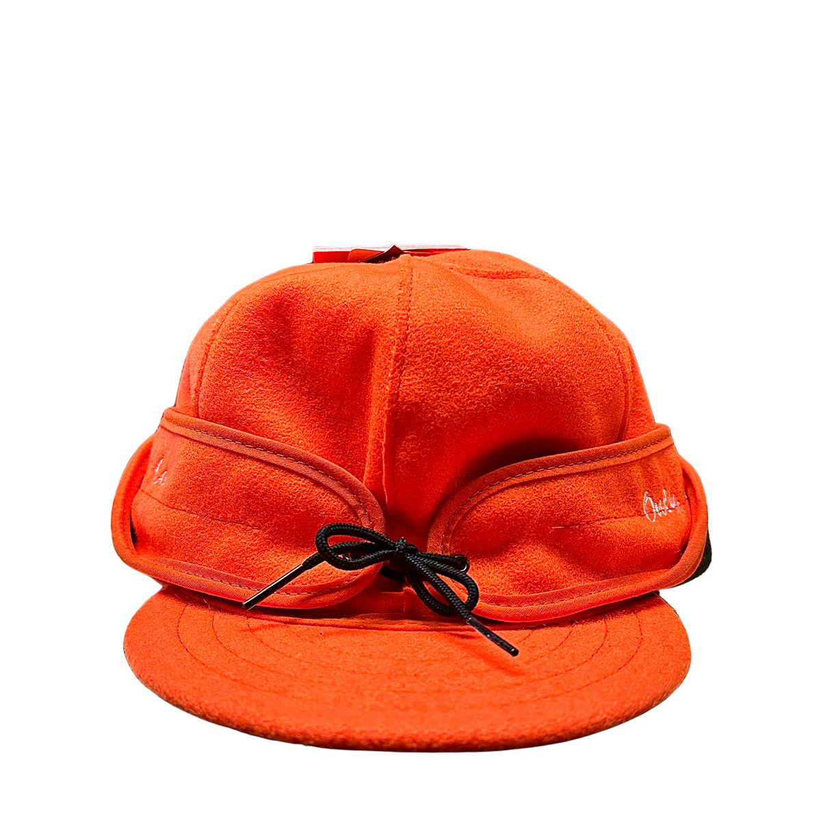 Stormy Kromer Hat in Blaze Orange with New Glarus Brewing Co. stitched in white on left side, and Only in Wisconsin stitched in white on right side.