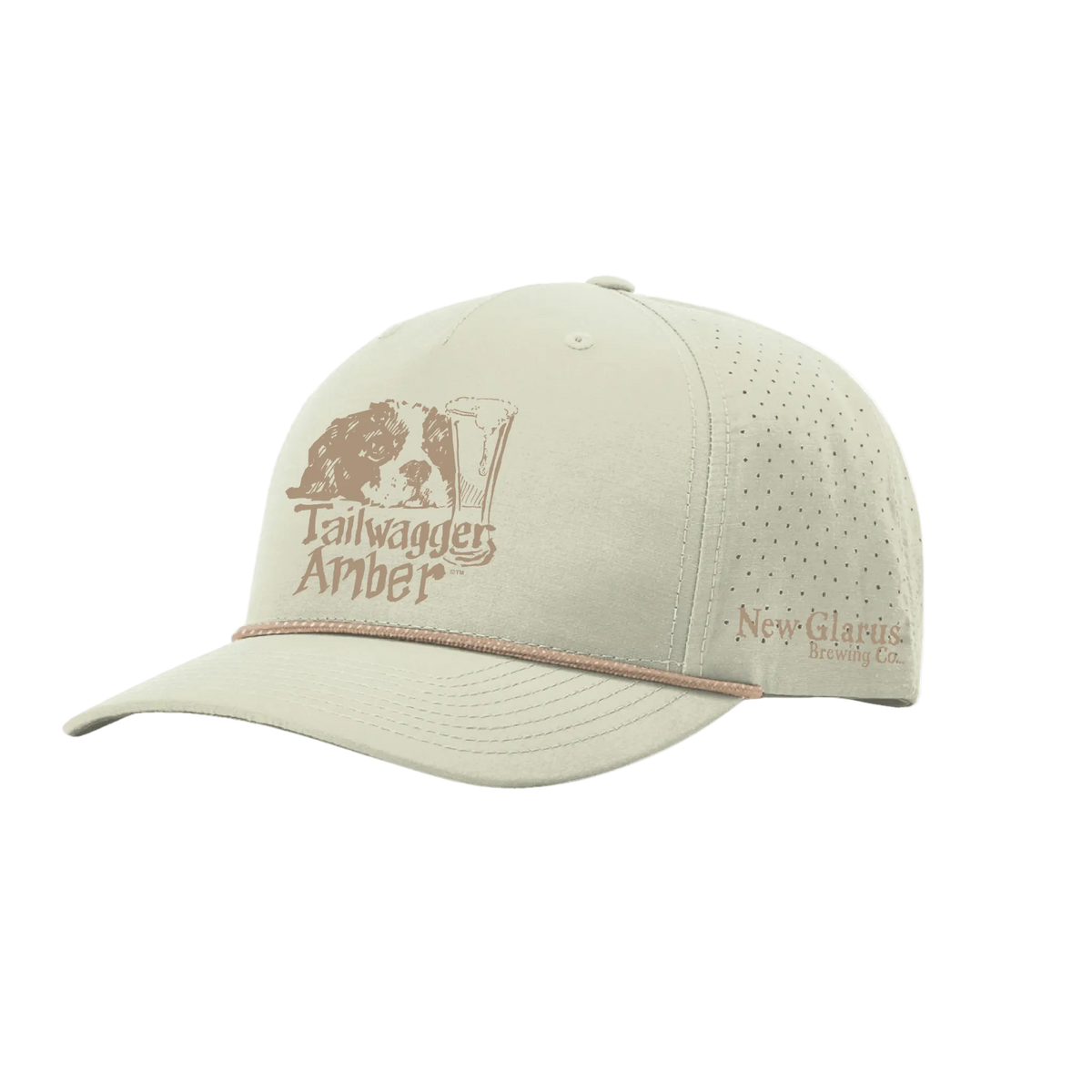 Light tan curved-brim cap with a Tailwagger Amber dog-and-beer-glass logo, perforated side panels, and matching rope trim above the brim.
