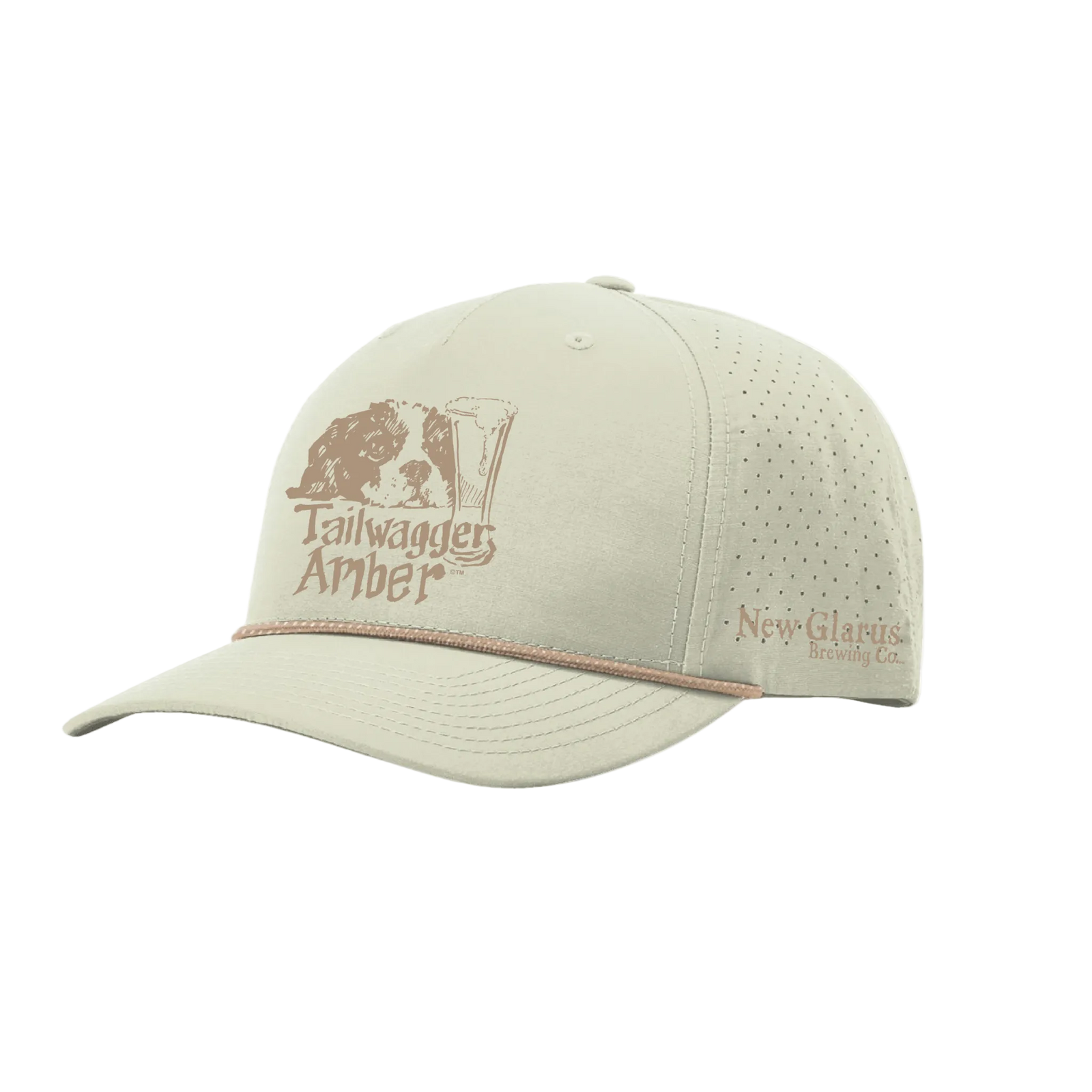 Light tan curved-brim cap with a Tailwagger Amber dog-and-beer-glass logo, perforated side panels, and matching rope trim above the brim.