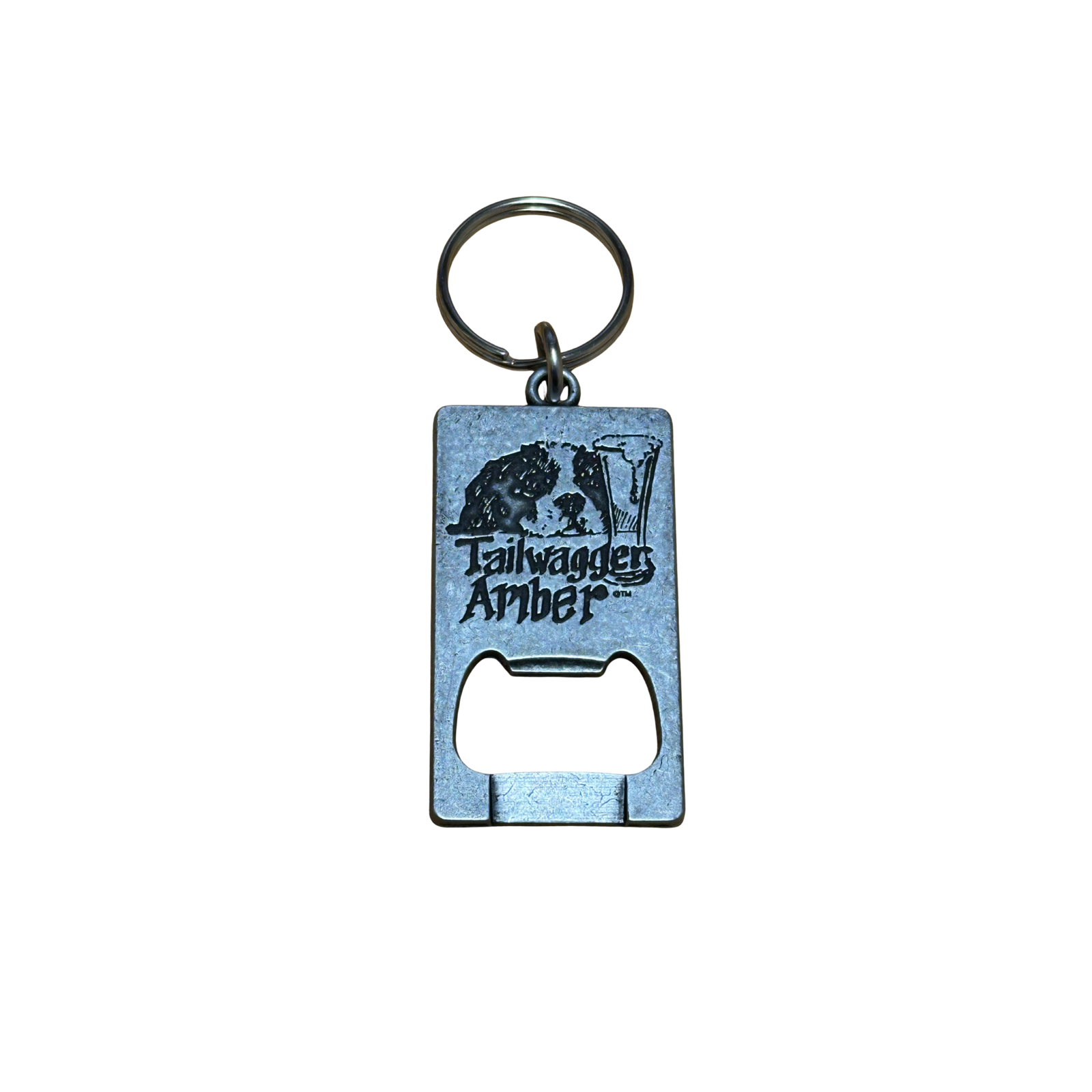 Metal keychain bottle opener featuring the Tailwagger Amber logo on the front..