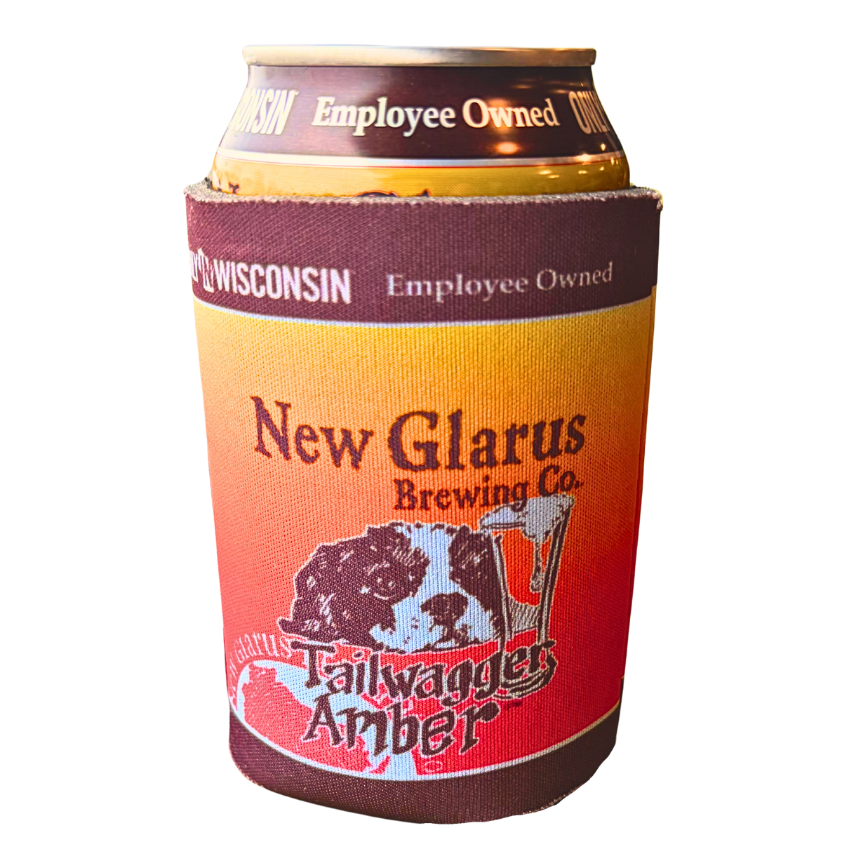 New Glarus Brewing Co. can cooler with Tailwagger dog illustration on a white background.