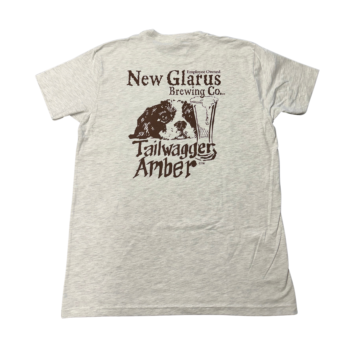 Heather oatmeal colored t-shirt with New Glarus Brewing Co. Tailwagger Logo writing colored brown on the back. 