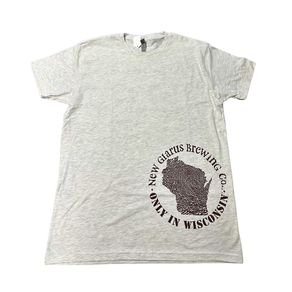 Heather oatmeal colored t-shirt with New Glarus Brewing Co. and Only in Wisconsin writing circling around the state of Wisconsin thumbprint colored brown on the front.
