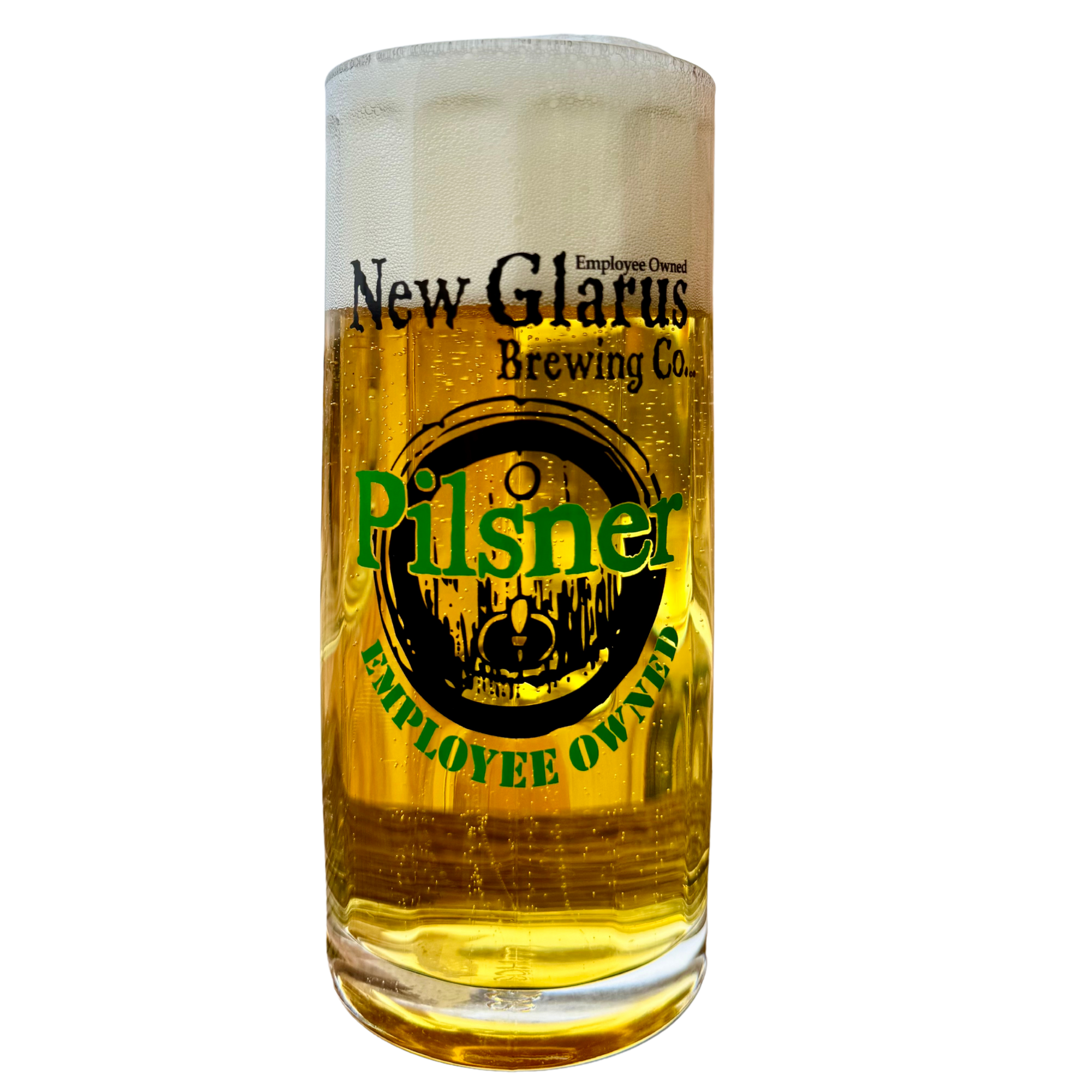 17oz Moldau Tankard glass with New Glarus Brewing Co. Pilsner logo on the front.