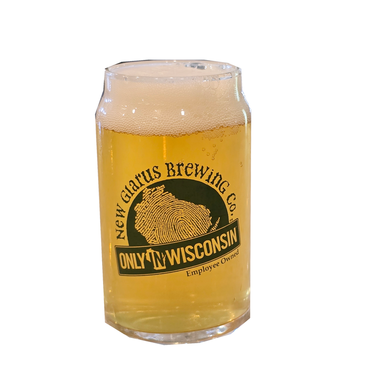 5oz. can tasting glass with New Glarus Brewing Co. Only in Wisconsin logo in green on front.