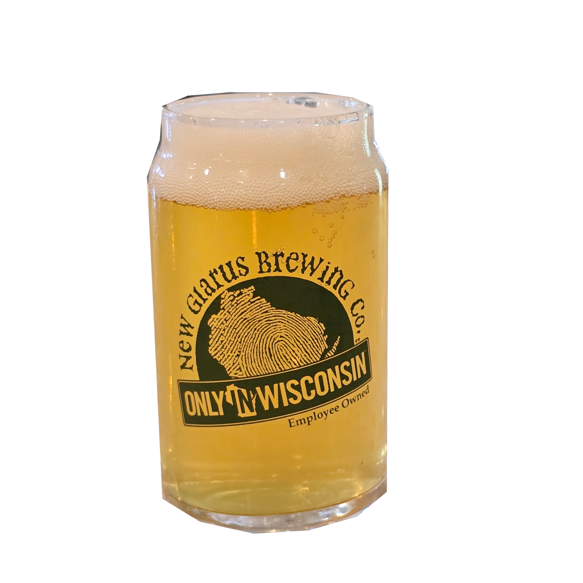 5oz. can tasting glass with New Glarus Brewing Co. Only in Wisconsin logo in green on front.