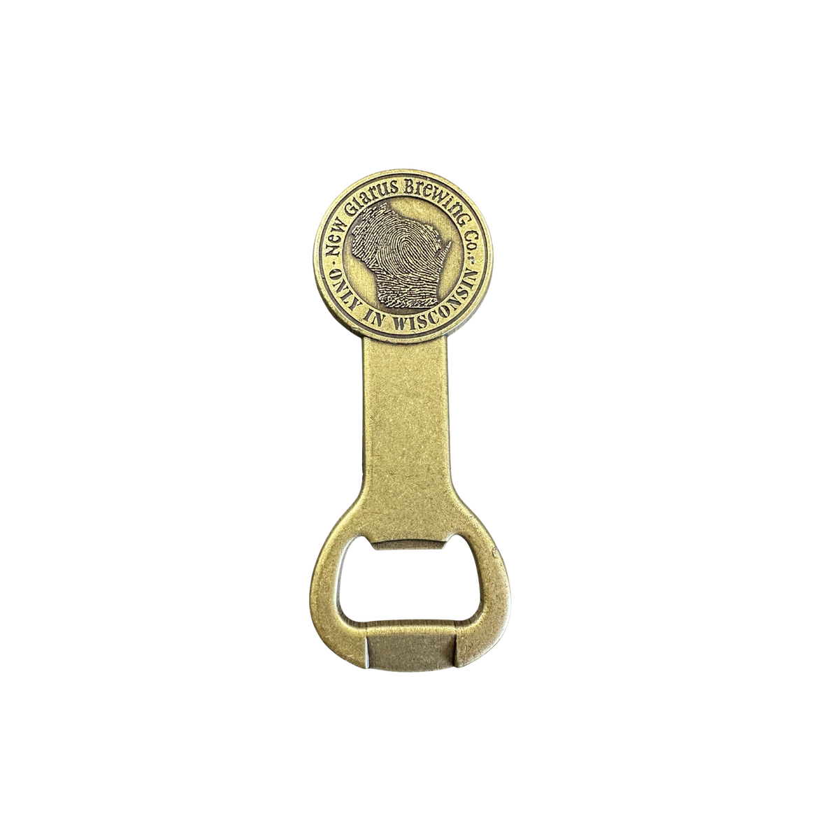 Solid metal opener with a vintage brass finish, featuring the thumbprint logo and New Glarus Brewing Co. and only in Wisconsin text.