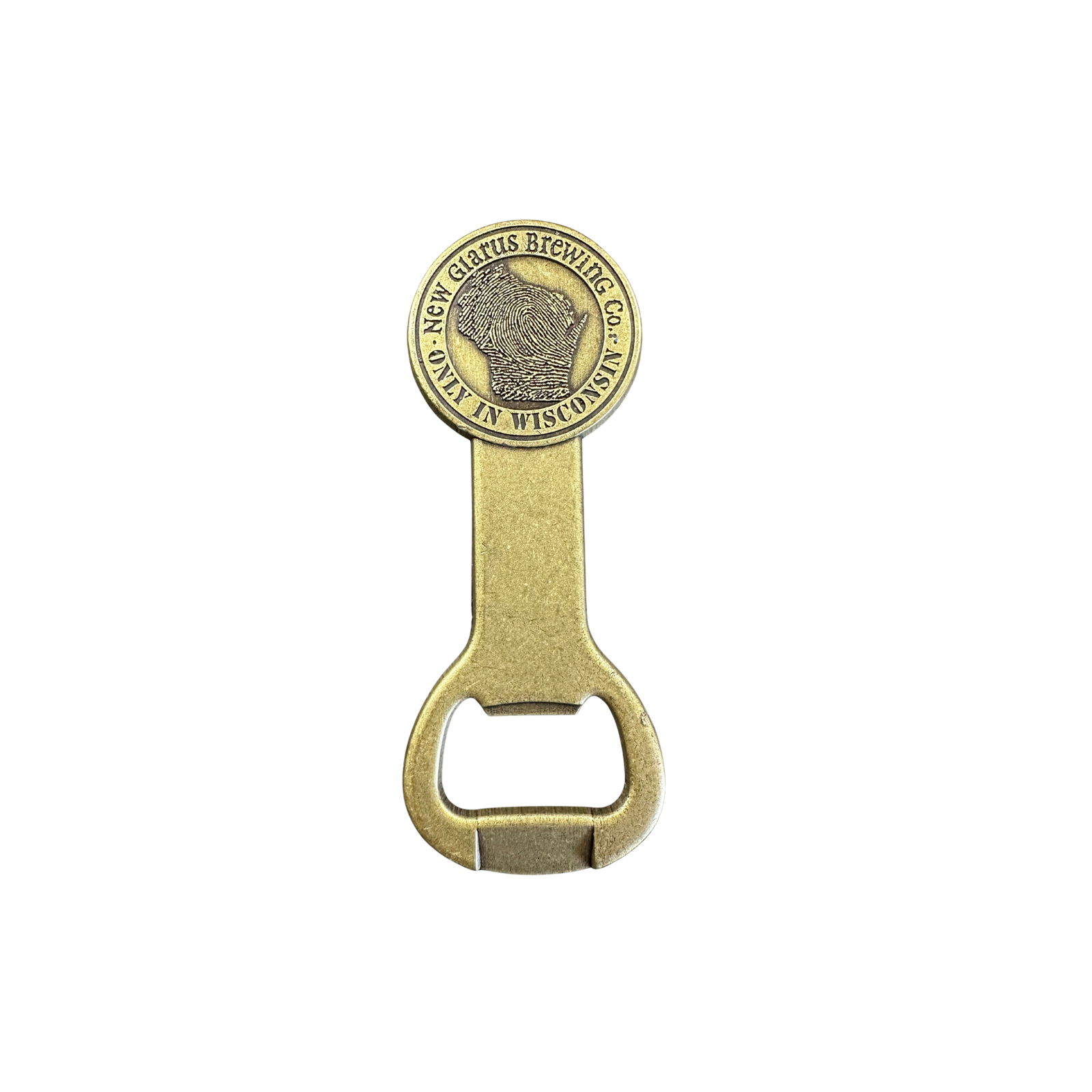 Solid metal opener with a vintage brass finish, featuring the thumbprint logo and New Glarus Brewing Co. and only in Wisconsin text.